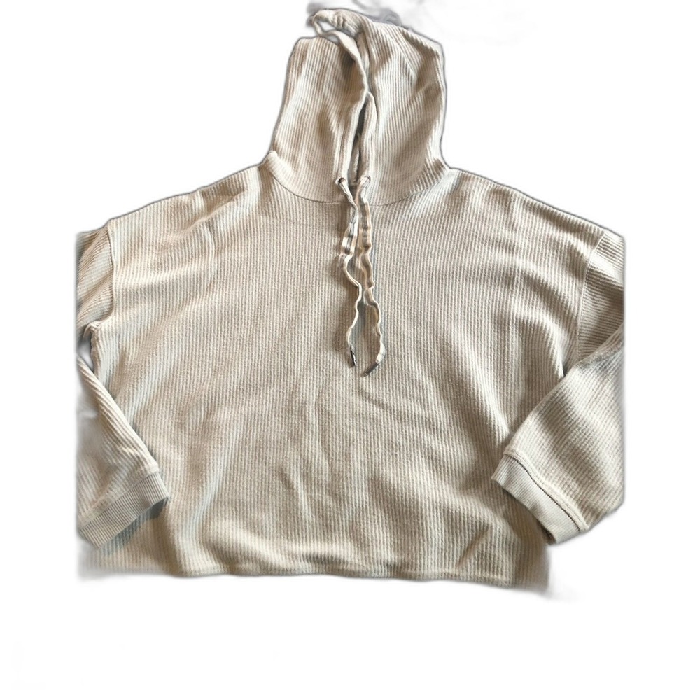 Aerie Womens Waffle Knit‎ Hooded Pullover Sweatshirt Light Green Large RN54485 - Picture 3 of 7